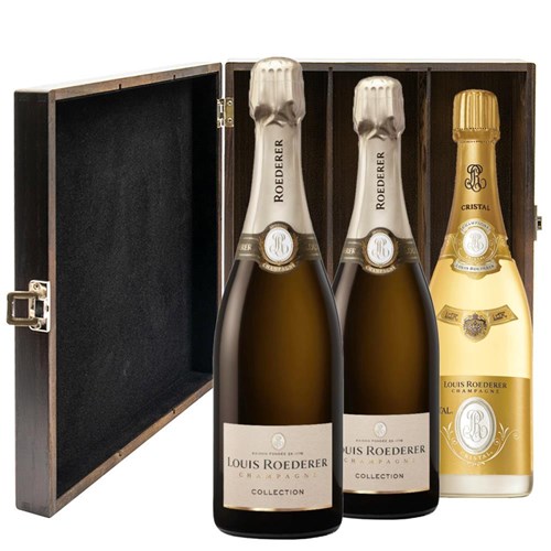2 x Louis Roederer Collection 244 And 1 Cristal Brut Treble Elm Wood Gift Boxed Champagne (3x75cl)